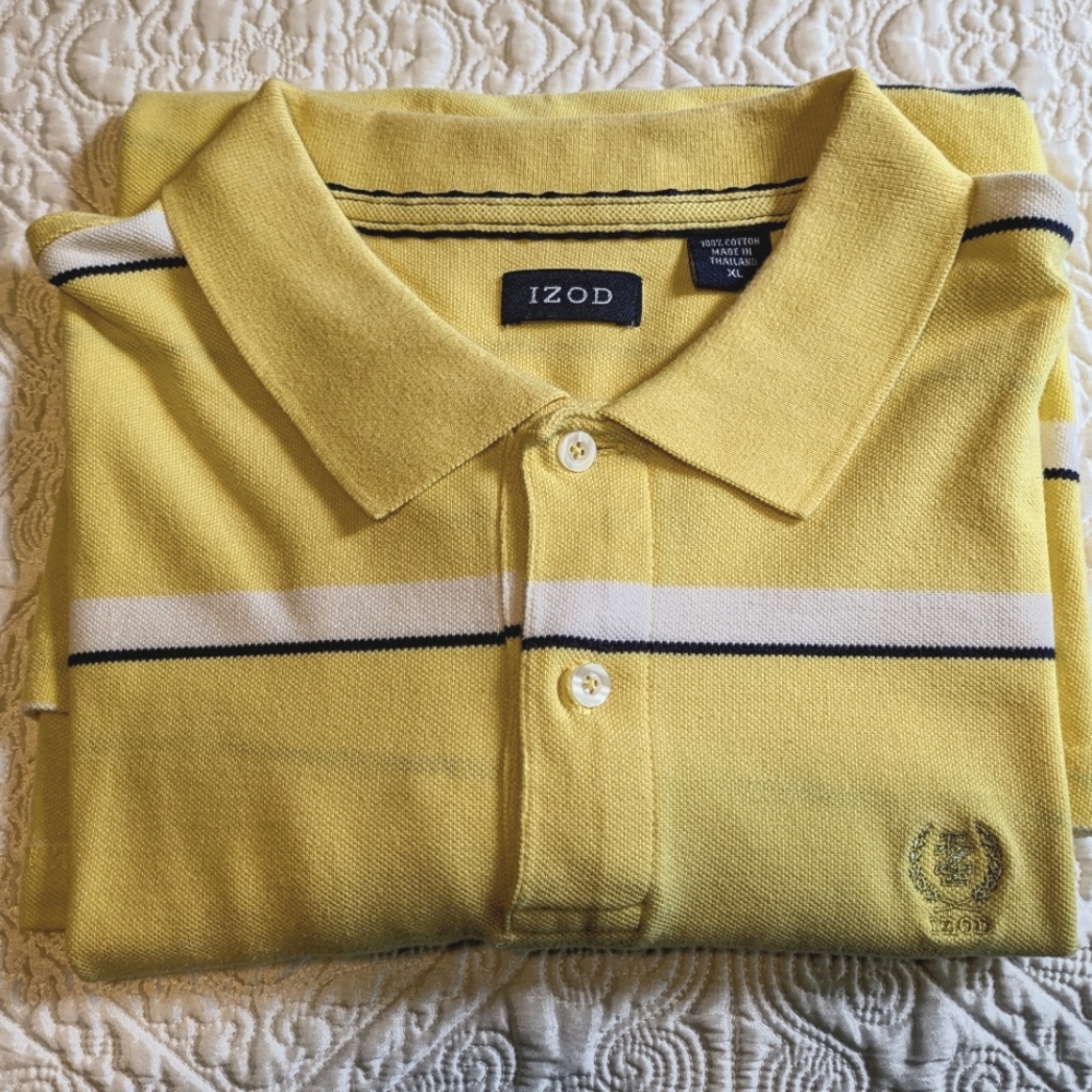 Izod Men's Polo Shirt in Yellow with White & Navy Stripes - Size XL